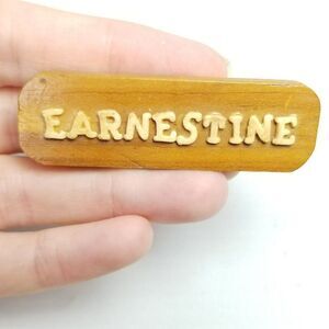 Vintage Earnestine Name Spell Out Wooden Handmade Brooch, Rectangle Shape